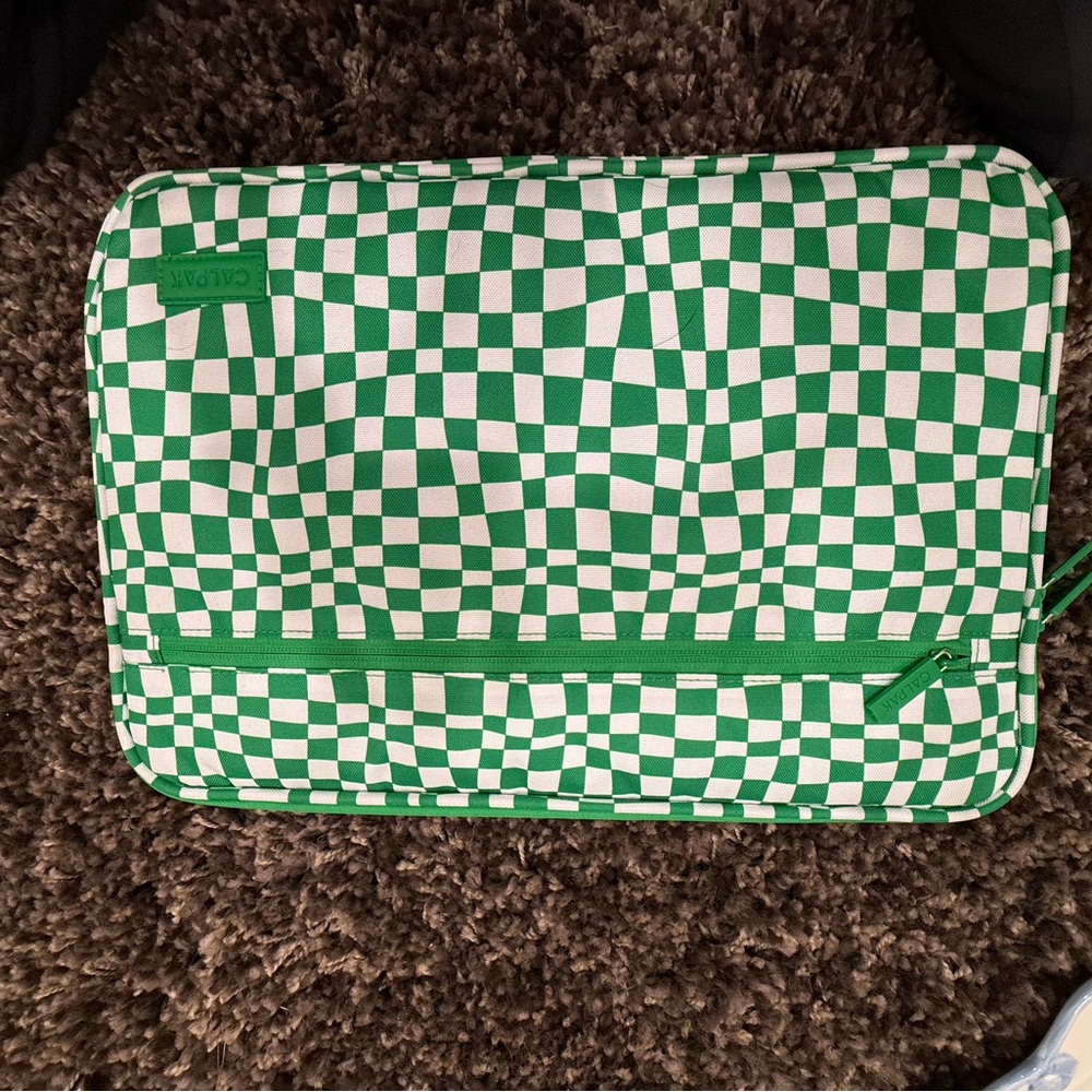 Calpak Green and White Checkered Laptop Sleeve